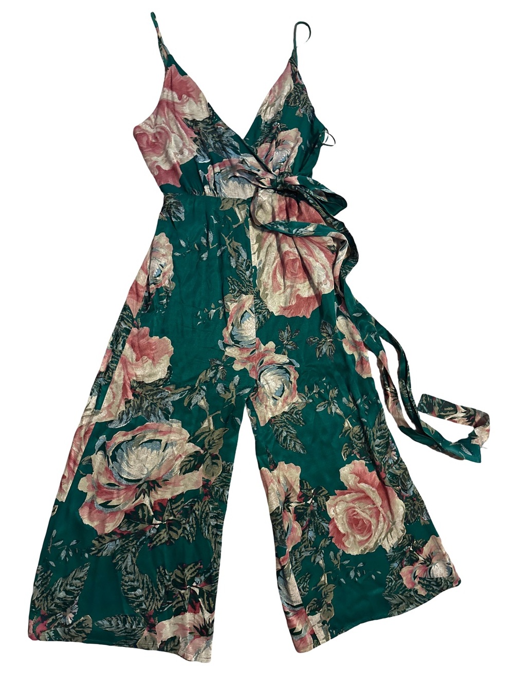 Free People Teal Floral Wrap Jumpsuit with Tie Waist